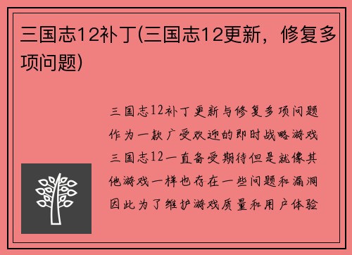 三国志12补丁(三国志12更新，修复多项问题)