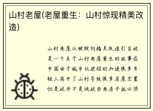 山村老屋(老屋重生：山村惊现精美改造)