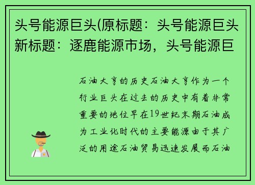 头号能源巨头(原标题：头号能源巨头新标题：逐鹿能源市场，头号能源巨头背后的人和故事)